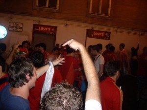 'I have a bag!' amidst the victorious Spain supporters on the streets of Vienna after the Euro-cup. Forgot I'd have to carry my souvenir purchases to bars and clubs afterwards.