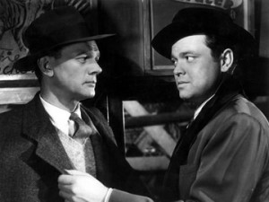 Holly Martins (Joseph Cotten) and harry Lime (Orson Welles) having a bitter conversation on board the Weiner Riesenrad.